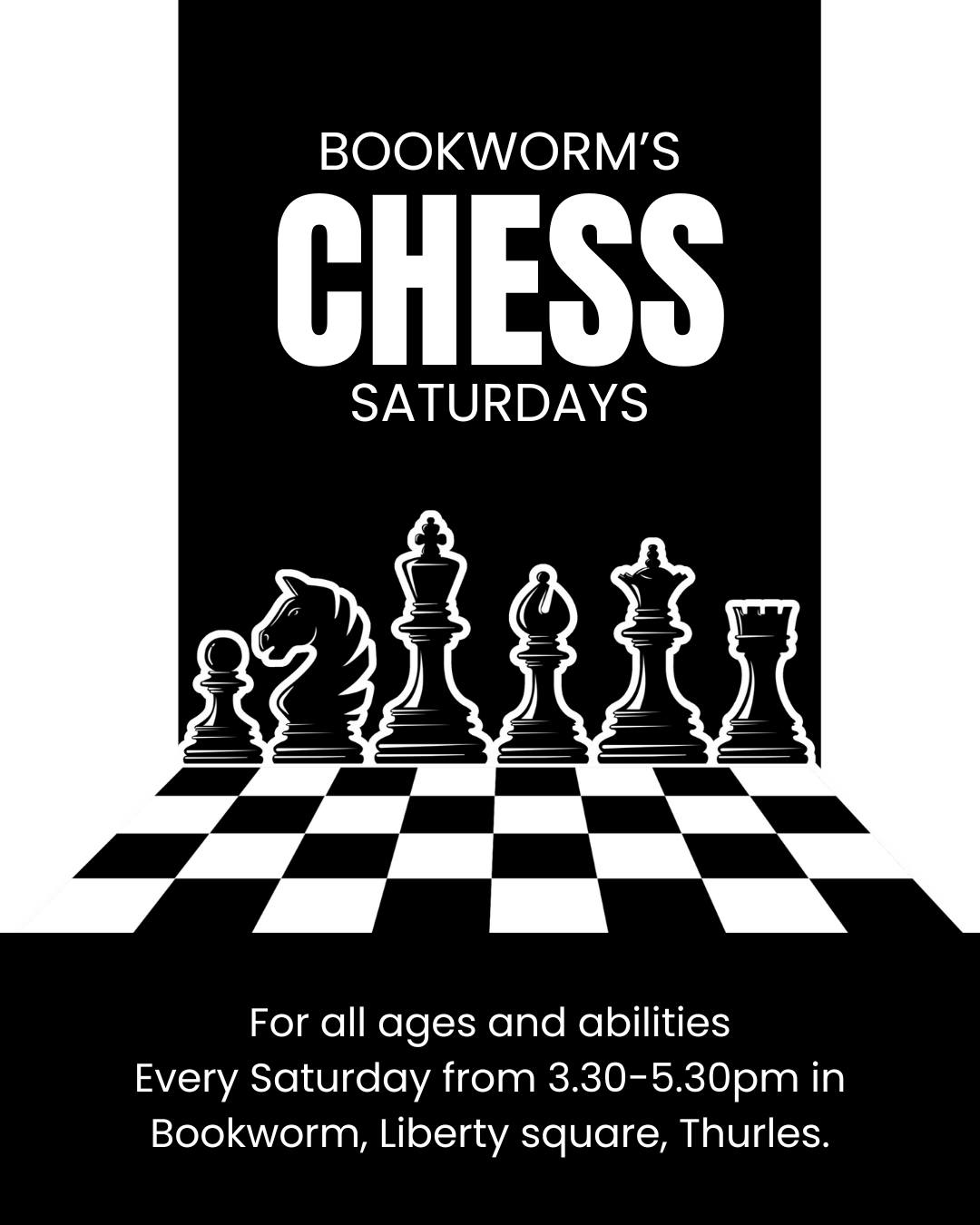 Calling all chess lovers! Join Bookwor every Saturday from 3:30 – 5:30pm at Bookworm in Thurles for our Chess Game Saturdays – all ages and all abilities welcome!

Whether you're a total beginner or a seasoned pro, bring your enthusiasm (and your favourite chess set if you like), and enjoy an afternoon of friendly games, great company and maybe even a checkmate or two!

📍 Thurles, Tipperary
🗓 Every Saturday
🕞 3:30 – 5:30pm
🔄 All ages • All skill levels

#Thurles #WhatsOntTipperary #VisitTipperary #Dwellawhile #LoveThurles #Munster #Ireland