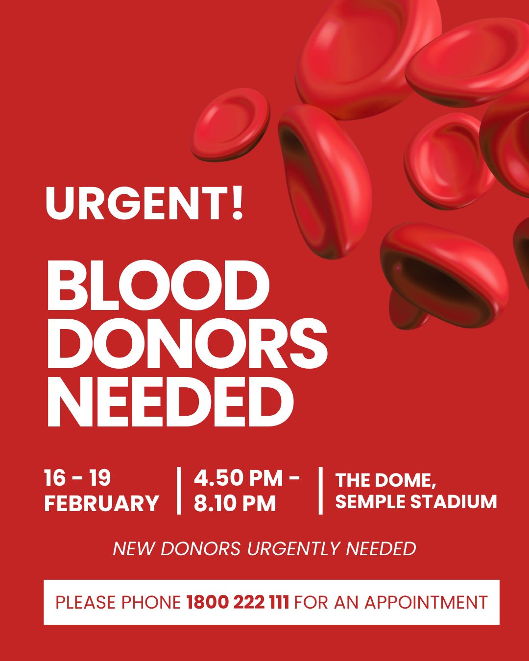 🩸 Blood Donors Urgently Needed - Thurles 🩸

The Irish Blood Transfusion Service will be in Semple Stadium, Thurles on the following dates:

📅 Monday 16th February 2026
📅 Tuesday 17th February 2026
📅 Wednesday 18th February 2026
📅 Thursday 19th February 2026

Blood supplies are urgently needed, and if you are eligible to donate, your donation could help save a life. Every unit makes a real difference to patients and families across the country.

👉 If you can give blood, please book an appointment and attend.
A small amount of your time can have a life-saving impact. ❤️

#Thurles #WhatsOnTipperary #VisitTipperary