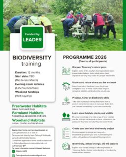 The Free Biodiversity Training Programme 2026 is now open for applications, offering a fantastic mix of learning and hands-on experience right here in Thurles.

Participants will benefit from:
• 12 engaging evening lectures
• 10 guided weekend field trips
• Practical biodiversity skills you can use straight away
• Support to develop and run your own local biodiversity project

This is a brilliant opportunity for anyone with an interest in nature, conservation, or getting more involved in protecting our local environment.

For more information visit @southtippdeco or @cabradgh_wetlands

📧 Submit completed forms to: cabraghwetlandsmembers@gmail.com | Deadline: February 27th

Please share with anyone who might be interested! 🌱