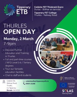 Thinking about a new career or learning a new skill? 📚

Visit Coláiste Éile, Thurles on Monday 2nd March, 7pm-9pm for an informal chat about full-time and part-time courses in everything from Welding, Animal Care, Nursing, Fashion, Business, Barista skills and more!

Explore your options and see what’s out there for you.