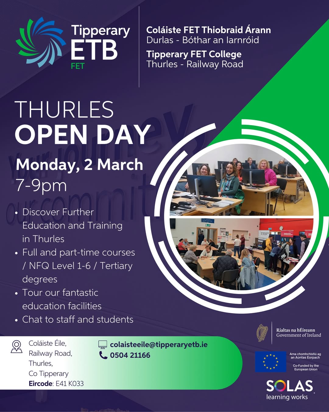 Thinking about a new career or learning a new skill? 📚

Visit Coláiste Éile, Thurles on Monday 2nd March, 7pm-9pm for an informal chat about full-time and part-time courses in everything from Welding, Animal Care, Nursing, Fashion, Business, Barista skills and more!

Explore your options and see what’s out there for you.