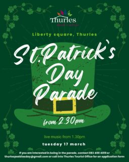 🍀 St. Patrick’s Day Parade in Thurles! 🍀

Join us on Liberty Square on Tuesday, 17th March for a day of fun, and music! 🎶

🎶 Live music: 1:30pm
👉 Parade starts: 2:30pm

𝐖𝐚𝐧𝐭 𝐭𝐨 𝐭𝐚𝐤𝐞 𝐩𝐚𝐫𝐭 𝐢𝐧 𝐭𝐡𝐞 𝐩𝐚𝐫𝐚𝐝𝐞?
Contact 083 400 4819 or thurlespaddiesday@gmail.com, or pop into the Thurles Tourist Office for an application form.

Come celebrate St. Patrick’s Day with us here in Thurles! 🍀✨