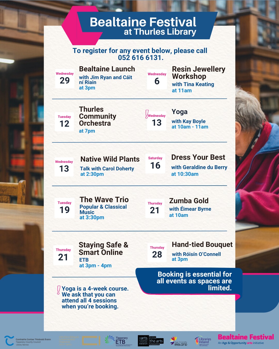 🌼 Bealtaine Festival comes to Thurles Library this May! 🌼

A wonderful programme of events is taking place throughout May as part of Ireland’s national Bealtaine Festival, celebrating creativity, culture, and community as we age. 🎶🎨

From music and movement to talks and hands-on workshops, there’s something for everyone to enjoy in a warm and welcoming setting right here in Thurles.

📅 Full programme running across May
📍 Thurles Library
📞 Booking essential: 052 616 6131 (limited spaces available)

A fantastic opportunity to connect, learn, and take part in something special this spring 💛