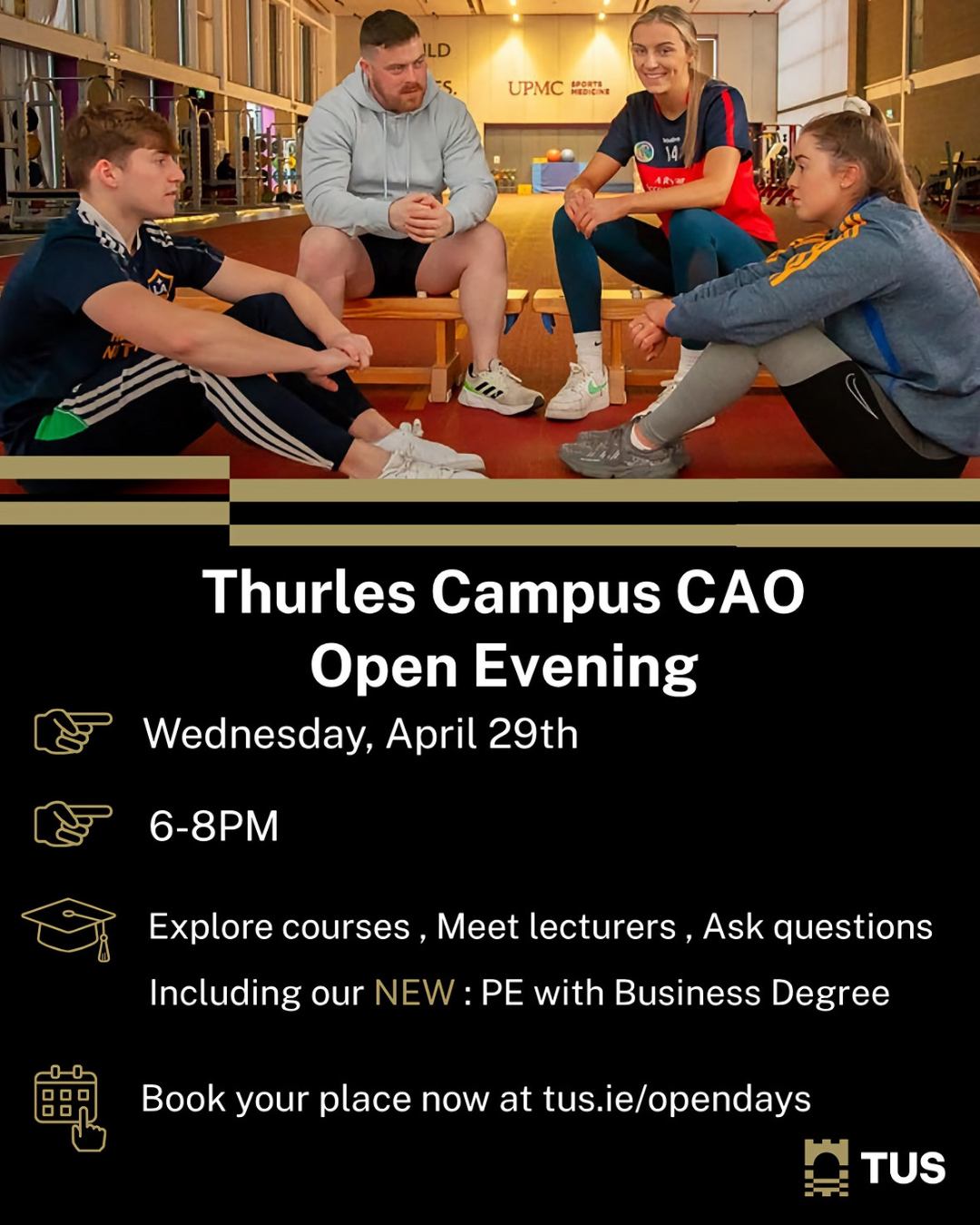 Thinking about your next step? 🎓

Why not check out what’s on offer at TUS Thurles at their Spring Open Evening! Explore the campus, meet the lecturers, and get all your questions answered.

📅 29th April
🕕 6pm - 8pm
📍 TUS Thurles Campus

A great opportunity to see what courses and pathways might be right for you, book your place now on the TUS website.
