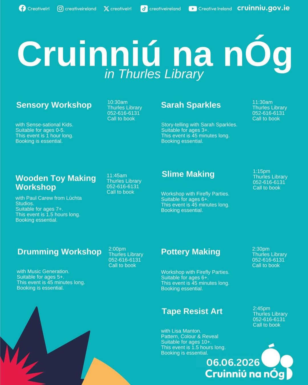 Cruinniú na nÓg returns to Thurles Town and Library this June!🎨✨
A fantastic day of FREE creative events for children and young people is taking place across Thurles on Saturday, June 6th, with workshops, music, storytelling, art, performance, and plenty of opportunities to get creative 💛
From hands-on activities to performances and workshops in The Source Arts Centre and beyond, there’s something for all ages to enjoy throughout the day.
A fantastic opportunity for young imaginations to get creative, try something new, and enjoy a fun-filled day in Thurles.
For events in Thurles Library: Booking is essential as spaces are limited, please call 052 616 6131 to book
🌟 Watch Us Shine! | Booking via Eventbrite
🤫 Silent Stories Workshop | Booking essential | Text 087 623 5744
🎤 Spreagadh: Youth Open Mic Free | Sign up online or on the day
🎨 Wonder Walls Street Art Experience | Free drop-in session
A brilliant day of creativity and fun for young people across Thurles!
View the full list of events happening around the county and more information: 👉 cruinniu.gov.ie/events/location/tipperary/