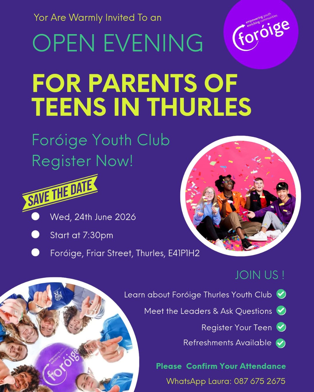 Parents are invited to attend an information evening to learn more about the new Foróige Teens Youth Club launching in Thurles.
It's a great chance to meet the volunteer leaders, explore the new club space, find out what the club has to offer, ask any questions, and even register your teen on the night.
If you're looking for a fun, safe, and supportive environment where young people can make friends, learn new skills, and get involved in their community, be sure to come along.
☕ Refreshments will be available.