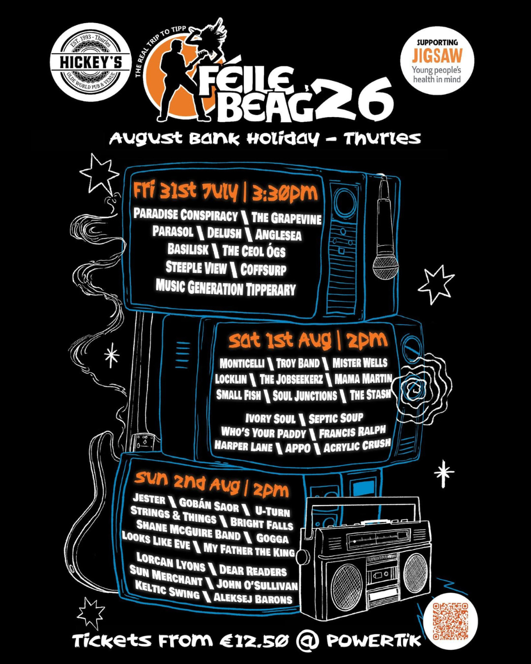 Féile Beag '26 is back this August Bank Holiday Weekend!🎶🎉
Three days, jam-packed with local and independent talent, all in support of a brilliant cause, Jigsaw Tipperary, supporting young people's mental health.
Described as "The Best DIY Independent Music Festival in Ireland" and we can see why 👀
🗓️ Fri 31st July – 3.30pm (ALL AGES gig)
🗓️ Sat 1st August – 2pm (Over 18s)
🗓️ Sun 2nd August – 2pm (Over 18s)
With over 40 acts across the weekend including Paradise Conspiracy, The Grapevine, Monticelli, Troy Band, Jester, Gogga, and so many more incredible local and independent artists 🎶
A brilliant weekend of music and supporting a cause close to home. Get down to Hickey's Pub, Thurles and show your support! 🙌
📍 Hickey's Pub, Thurles