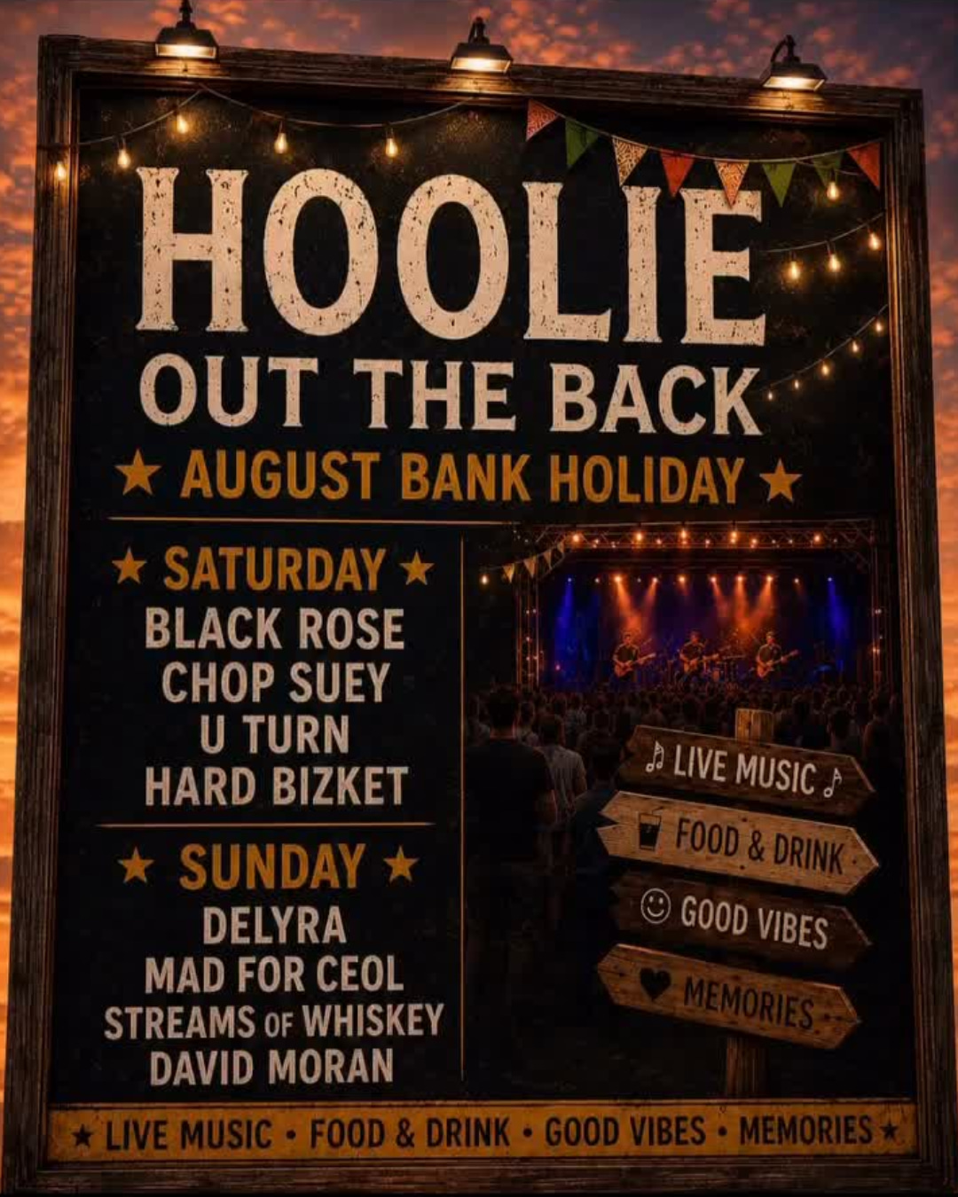 August Bank Holiday Weekend live music is heading to Kinnanes, Upperchurch!
Two full days of top live acts, great atmosphere, and the perfect way to kick off the Bank Holiday weekend 🙌
🗓️ Saturday 1st August – Gates open 4pm
Black Rose | Chop Suey | U Turn | HardBizket
🗓️ Sunday 2nd August – Gates open 4pm
Delyra | Mad For Ceol | Streams of Whiskey | David Moran
🎟️ Tickets
Saturday or Sunday Day Ticket – €30 + booking fee
Weekend Ticket (Sat & Sun) – €50 + booking fee
📍 Kinnanes, Upperchurch, Tipperary, E41 YX40
Tickets are now on sale so grab them while you can and get set for a brilliant Bank Holiday weekend of music! 🍻