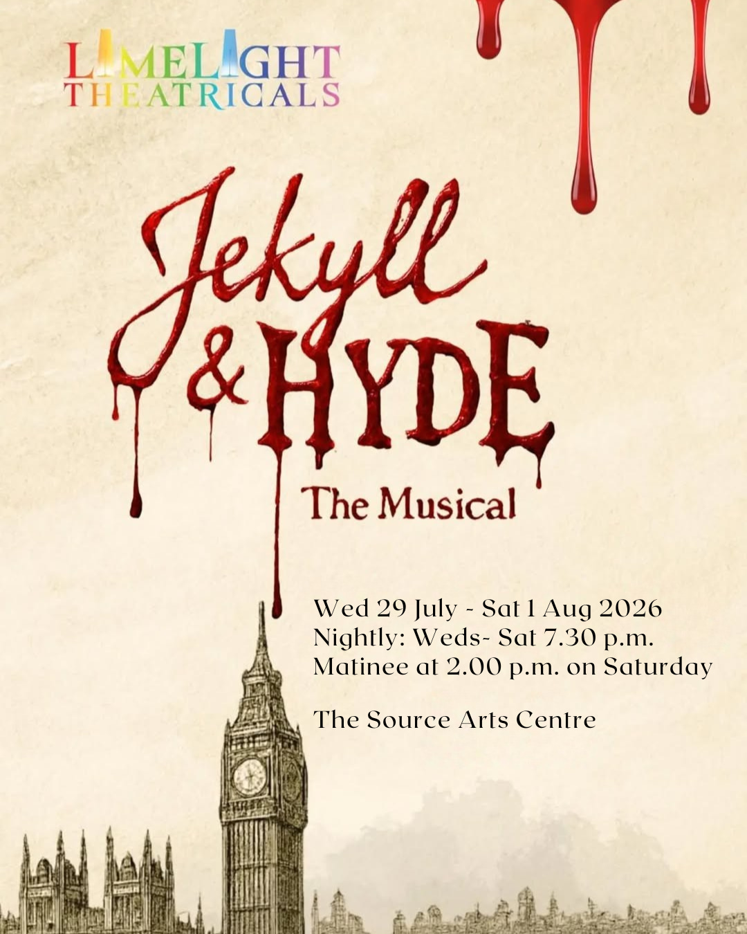 This summer, Limelight Theatricals brings the powerful musical Jekyll & Hyde to the stage, a gripping story of ambition, transformation, and the battle between good and evil.
Based on Robert Louis Stevenson’s classic tale and featuring a stunning score by Frank Wildhorn, this thrilling production follows Dr. Henry Jekyll’s dangerous experiment as he unleashes his dark alter ego, Edward Hyde, with unforgettable consequences.
Expect powerful performances, dramatic storytelling, and iconic songs including This Is the Moment, Someone Like You, and Confrontation 🎶
📅 Wednesday 29th July - Saturday 1st August 2026
⏰ Evening performances: Wednesday–Saturday at 7:30pm
🎭 Saturday matinee: 2:00pm
📍 The Source Arts Centre
🎟️ Tickets: €21 | €18 concessions, available from the Source Arts Centre
With a talented young cast and a dedicated creative team, this promises to be a fantastic night of live theatre.
Don’t miss the chance to support local talent and enjoy an unforgettable theatrical experience! 🌟