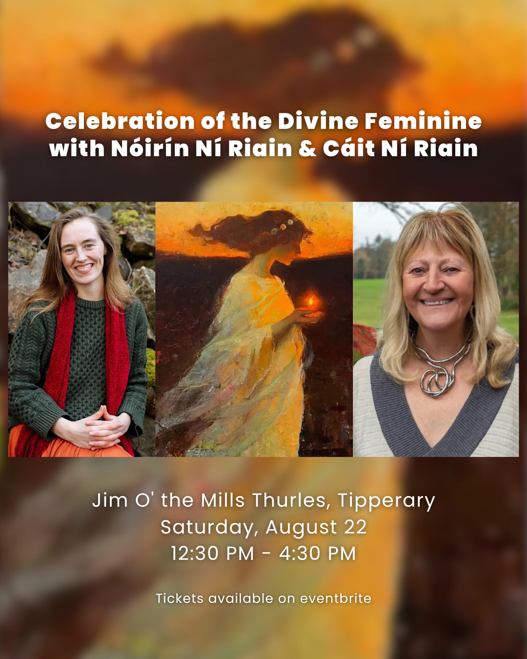 Celebration of the Divine Feminine with Nóirín Ní Riain & Cáit Ní Riain

A beautiful gathering coming to Jim of the Mills, Thurles this August — the third point of 'Díseart D'anam' (Hermitage of the Soul), exploring and celebrating the divine feminine presence within the Christian tradition.

The day will weave together traditional Irish song, song from other traditions, storytelling, exploration of sacred texts, ritual, and time immersed in nature — a真正 gentle, soulful space for reflection and connection 🕊️

A light vegetarian lunch is included.

🗓️ Saturday, 22nd August
⏰ 12:30pm – 4:30pm
📍 Jim of the Mills, Thurles, Tipperary
🎟️ Tickets via Eventbrite – link in comments/bio

A lovely way to spend an August afternoon in Thurles 💫