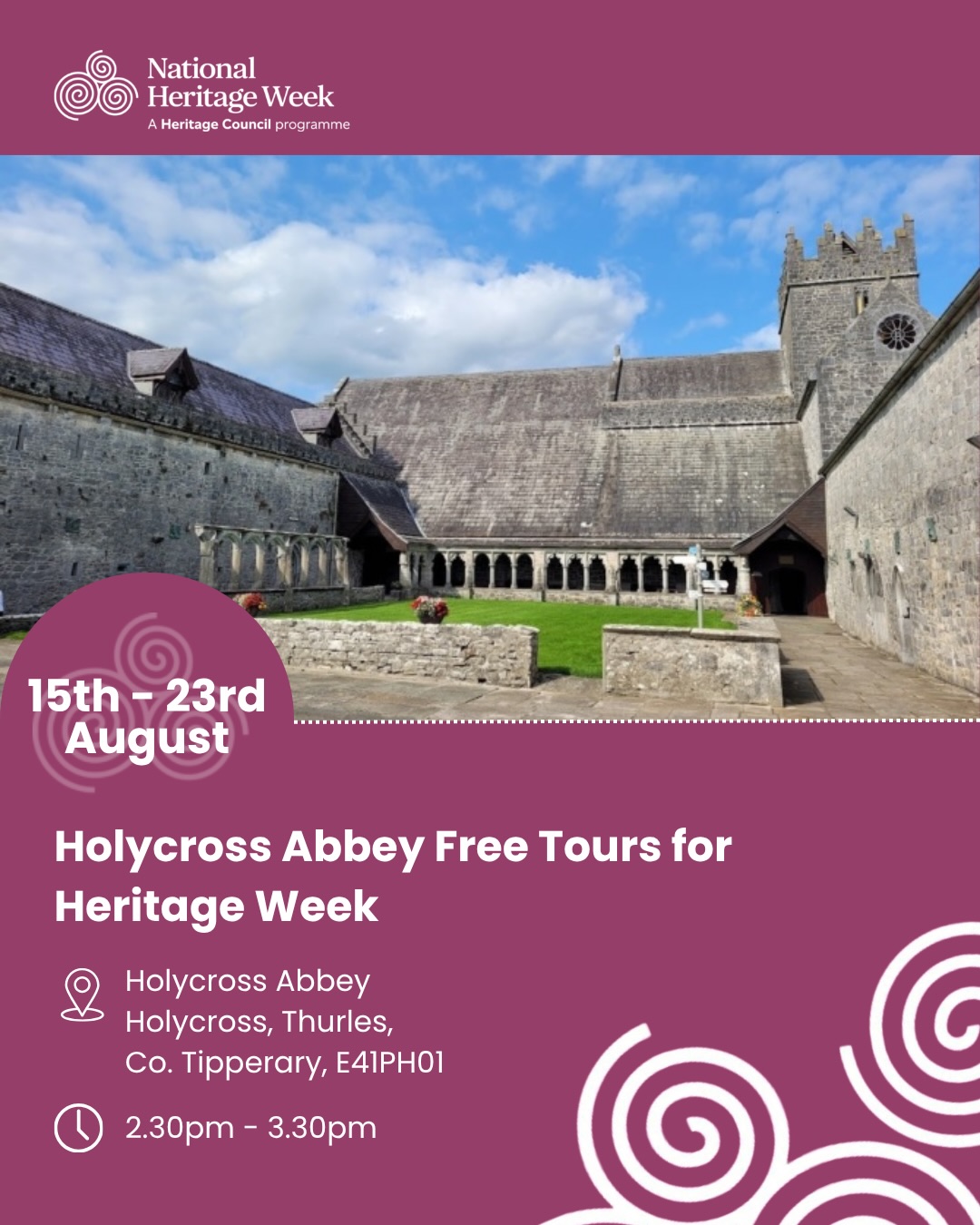 Heritage Week 2026 | Thurles
A fantastic line-up of talks, tours & family fun celebrating our local history. Here’s what’s on:
📅 15 Aug | 10:30am-3:30pm
Tipperary Heritage & Biodiversity Conference
Theme ‘Heritage at Risk’ w/ Roisín Burke, Caimin O’Brien & Breeding Waders EIP. Keynote: John Creedon. Lunch provided.
📅 15-23 Aug | 2:30-3:30pm daily
Holycross Abbey Free Tours
No booking, just show up!
📅 18 Aug | 10:30am-5pm
Tipperary Studies Open Day
Tour the archives & see digitisation in action.
📅 18 Aug | 6:30-7:30pm
Our Human Library
“Borrow” a person & hear their story.
📅 18 Aug | 7-8pm
Heritage At Risk – PARISH Project
Preserving church memorial inscriptions.
📅 18 Aug | 7:30-8:30pm
Monastic Evangelisation in the Irish Church
With Monsignor Ciarán O’Carroll.
📅 19 Aug | 10am-1pm
Slate Engraving Workshop
With sculptor Philip Quinn. Adults only, booking essential!
📅 20 Aug | 8-10pm
“Slow Journeys” – Pilgrim Walking
Ireland & Spain pilgrim paths. Free.
📅 21 Aug | 11am-1pm
Water Heritage Day
Explore life beneath the water + guided wetlands walk. Free.
📅 22 Aug | 11am-4pm
The Big Dig & Wild Child Day
Viking excavation, bread making, bug hunts & crafts!
📅 22nd Aug | 2.00pm - 3.30pm – weather dependent
Midnight Shootings 1921 Walking Tour
90-min walk on Thurles’ hidden history. Contact Paddy: 086 088 2029.
A brilliant week to explore the stories & people shaping our heritage 💚