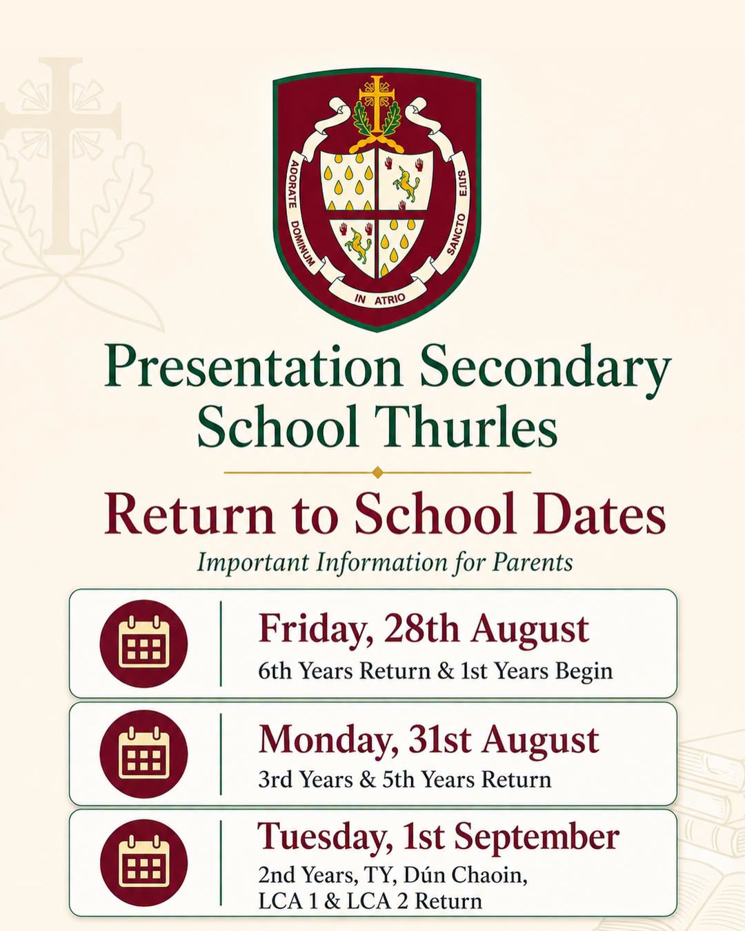 Back to School 2026! 🎒
The summer holidays are nearing an end and its not long until students across Thurles are getting ready to head back to school! ✏️
Swipe through the carousel for the 2026 return-to-school dates for secondary schools in the Thurles and make sure you have the dates marked in your calendar. 📅
Wishing all students, teachers and school staff a fantastic start to the new school year! 🍎✨
