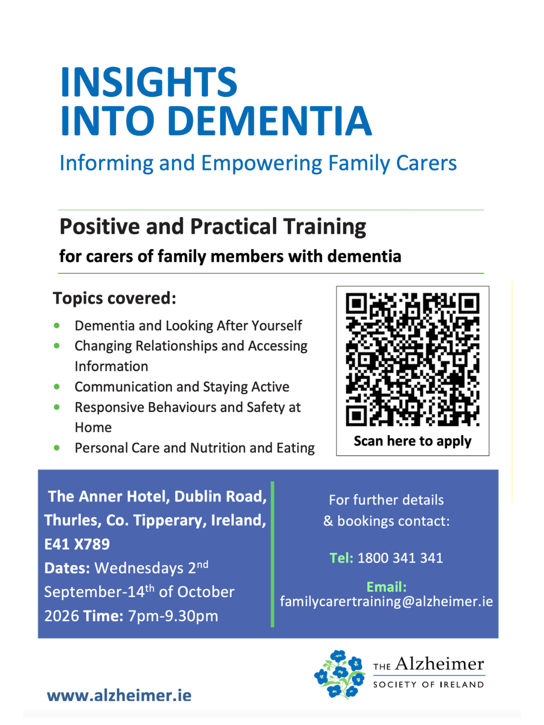 A useful opportunity for family carers in Tipperary who may benefit from support, information and practical guidance.
The Alzheimer Society of Ireland is hosting a 7-week Family Carer Training Course at The Anner Hotel in Thurles.
📍 The Anner Hotel, Thurles
📅 Every Wednesday, 2nd September – 14th October
⏰ 7:00pm – 9:30pm
👤 Tutor: Sean Donal O'Shea
Places are limited, so family carers who may be interested are encouraged to register as soon as possible.
Applications can be completed online through the Alzheimer Society of Ireland's registration process.
Please share this post with any family carers, friends or family members who may benefit from the course.