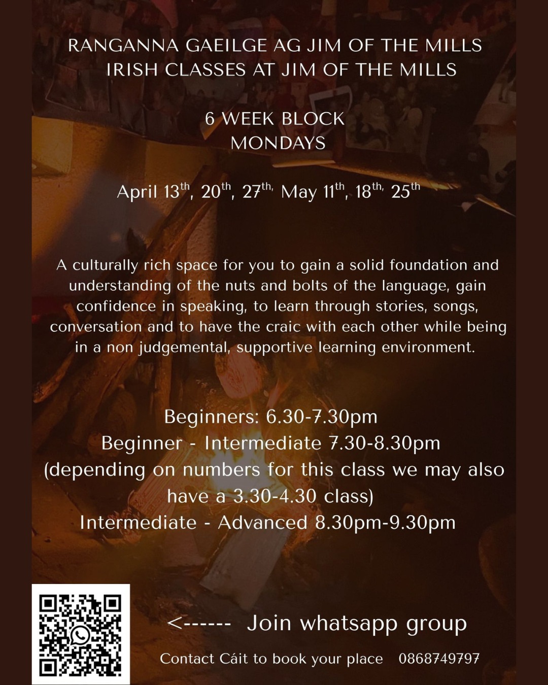 Irish Classes are back at Jim of the Mills!

Classes for all levels start next Monday 13th, a perfect way to brush up on your Gaeilge or learn more of our native language. 🌿

Spots are limited, so get in touch with Cáit to book your place!