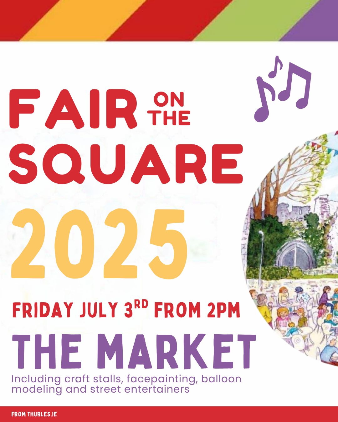 Fair on the Square is back! 🎶

Friday, 3rd July from 2pm for a day of fun in Liberty Square, Thurles!
Enjoy local crafts, face painting, entertainers, and live buskers from 2pm–5pm, then stick around for the Tribute Band Music Trail from 5pm–11pm with all your favourite names!

Free to attend, just turn up and soak up the atmosphere! 🎶🙌✨